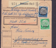 Deutsches Reich Paketkarte Bulletin D'Expedition Freight Card MÜHLHAUSEN (Elssas) 1941 NÜRNBERG 2x Hindenburg (2 Scans) - Besetzungen 1938-45