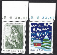 Italia 2007; Natale Religioso “Madonna Con Bambino”+ Natale Laico: Abeti Innevati; Serie Completa. Bordo Superiore. - 2001-10: Nieuw/plakker