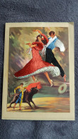 CARTE  BRODEE FOKLORE FOLKLORIQUE ESPAGNE ESPAGNOL COUPLE DANSE CORRIDA TORO TAUREAU  DOS TRACES SKOTCH - Brodées