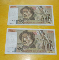 LOT DE 2 BILLETS DE 100 FRANCS DELACROIX DE 1980 SERIE V.39 ET DE 1982 SERIE D.57,  ETAT VOIR PHOTOS . POUR TOUT RENSEIG - 100 F 1978-1995 ''Delacroix''