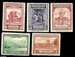 Paraguay 1946 Airmaildefinitives 5v, Unused (hinged), Nature - Religion - Transport - Horses - Churches, Temples, Mosq.. - Kerken En Kathedralen