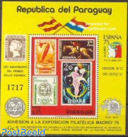 Paraguay 1975 Espana 75 S/s, Mint NH, Nature - Transport - Horses - Philately - Stamps On Stamps - Zeppelins - Briefmarken Auf Briefmarken