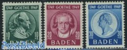 Germany, French Zone 1949 Baden, Goethe 3v, Mint NH, Art - Authors - Schriftsteller
