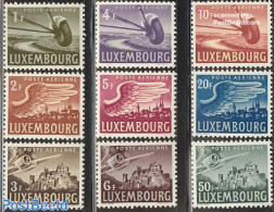 Luxemburg 1946 Airmail Definitives 9v, Mint NH, Transport - Aircraft & Aviation - Art - Castles & Fortifications - Unused Stamps