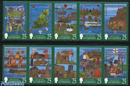 Guernsey 1998 History 10v (2x[::::]), Mint NH, History - Transport - Various - History - Ships And Boats - Lighthouses.. - Barche