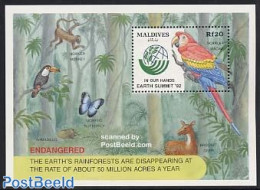 Maldives 1993 UNCED S/s, Mint NH, Nature - Birds - Butterflies - Environment - Parrots - Toucans - Environment & Climate Protection