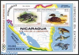 Nicaragua 1980 Olympics/turtles S/s, Mint NH, Nature - Sport - Various - Reptiles - Turtles - Olympic Games - Maps - Géographie