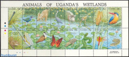 Uganda 1991 Wetlands 16v M/s, Mint NH, Nature - Animals (others & Mixed) - Birds - Butterflies - Fish - Frogs & Toads .. - Peces