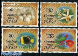 Tonga 1992 Christmas 4v, Mint NH, Nature - Religion - Birds - Fish - Orchids - Parrots - Christmas - Fische