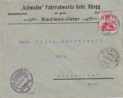 Motiv Brief  "Schwalbe Fahrradwerke Rüegg, Riedikon-Uster"        1909 - Storia Postale