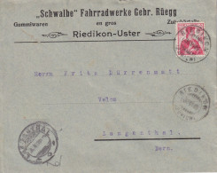 Motiv Brief  "Schwalbe Fahrradwerke Rüegg, Riedikon-Uster"        1909 - Brieven En Documenten