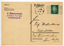 Germany 1929 Postcard; Köln (Cologne) - J. Zimmermann To Ostenfelde; 8pf. Friedrich Ebert - Cartas & Documentos