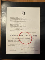 Madame Leon De Smeth Nee Leonie Descamps *1856+1927 Tournai Hambye Seret Delemer Van Hal Weissenbruch Lienart Goblet - Esquela
