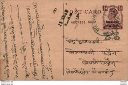 India Gwalior Postal Stationery George VI 1/2A - Gwalior