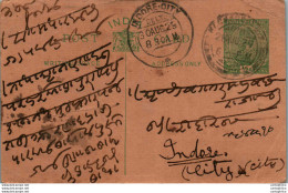 India Postal Stationery George V 1/2A Indore Cds - Ansichtskarten