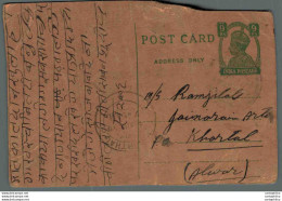 India Postal Stationery George VI 9ps Bhanamal Sohanlal Arhti Baraut Meerut - Postcards