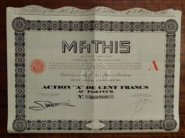 France - Mathis Automobiles Action 100 Francs 1929 Strasbourg - Autres & Non Classés