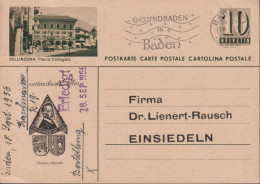 1953/56, Postkarte, Zum:CH 056 D 10 Cts Olivgrün ⵙ BADEN + Flagg: GESUNDBADEN In BADEN, Privataufdruck - Ganzsachen