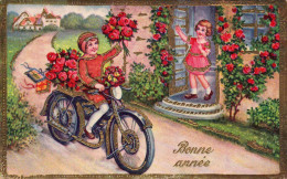 Bonne Année - Enfant, Motocyclette, Roses,  Dorure  édition ROLKAT - Nieuwjaar