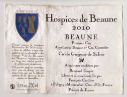 Etiquette HOSPICES DE BEAUNE " BEAUNE 1er Cru 2010 " Cuvée Guigogne De Salins (3229)_ev666 - Bourgogne