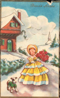 Bonne Année - Illustration Jeune Fille En Robe, Avec Chien Et Bouquet De Roses - Nouvel An