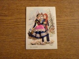 Carte Brodée "En Savoie" - Jeune Couple - Jeune Femme Costume Brodé/Tissu- 10,6x15cm Env. - Bestickt