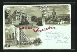 Mondschein-Lithographie Wiesbaden, Königliches Theater, Evangelische Kirche, Kochbrunnen  - Theater