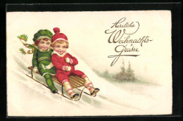 Künstler-AK Weihnachtsgruss, Kinder Fahren Schlitten  - Wintersport