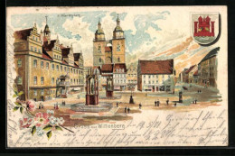 Lithographie Wittenberg, Marktplatz Mit Kirche Und Wappen  - Wittenberg