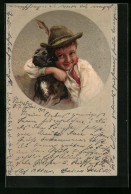 Künstler-AK Portrait Eines Knaben Mit Tirolerhut Mit Seinen Jungen Hund  - Honden