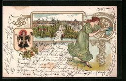 Lithographie München, Panorama, Münchner Kindl, Briefkasten  - München