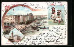 Lithographie Hamburg, Rathaus, Alter Jungfernstieg, Vierländerinnen In Trachten  - Mitte