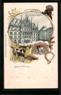 Passepartout-Lithographie München, Marienplatz Mit Rathaus, Jagdhund Mit Beute Und Wappen  - Other & Unclassified