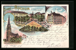 Lithographie Bochum, Wilhelmsplatz, Christuskirche, Bergschule  - Bochum