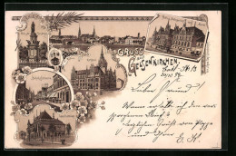 Lithographie Gelsenkirchen, Panorama Der Stadt, Landratsamt, Bahnhofstrasse  - Gelsenkirchen