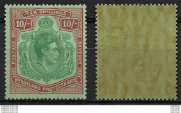 1938 Nyasaland Giorgio VI 10s Ordinary Paper MNH SG N. 142a - Other & Unclassified