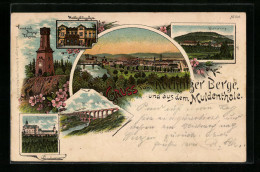 Lithographie Rochlitzer Berg, Waldschlösschen Im Muldenthal, Friedrich August-Turm, Göhrener Brücke  - Rochlitz