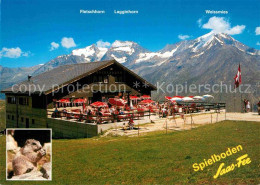 12886675 Saas-Fee Restaurant Spielboden Terrasse Fletschhorn Lagginhorn Weissmie - Autres & Non Classés