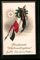 AK Fahne Mit Zweigen Und Fahnenband, Im Hintergrund Soldaten, Weihnachtsgruss  - Weltkrieg 1914-18