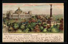 Lithographie Berlin, Reichstagsgebäude Und Siegessäule  - Tiergarten