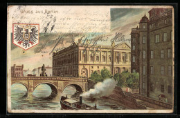 Lithographie Berlin, Kurfürstenbrücke Und Königlicher Marstall, Wappen  - Mitte