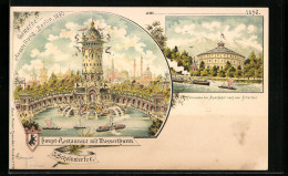 Lithographie Berlin, Gewerbe-Ausstellung 1896, Hauptrestaurant Mit Wasserturm, Alpenfahrt  - Exposiciones