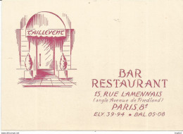 PP / Advertising Business Card Carte De VISITE Publicitaire PUB BAR Restaurant PARIS TAILLEVERNE Paul VIALAR Dédicace - Visiting Cards