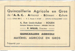 AS / Ancienne Carte De Visite PUBLICITAIRE PUB CDV Quincaillerie AGRICOLE En GROS ROUEN WILLIG - Cartes De Visite