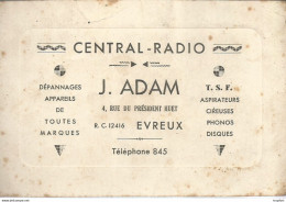 AS / Ancienne CARTE DE VISITE Publicitaire PUB CDV CETRAL RADIO J.ADAM EVREUX - Cartes De Visite