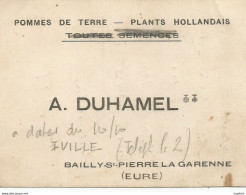 AS / Ancienne Carte De Visite PUBLICITAIRE PUB Duhamel BAILLY-ST-PIERRE LA GAARENNE Pommes De Terre Plants Hollandais - Tarjetas De Visita