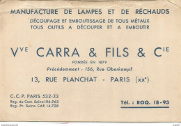 AS / Ancienne Carte De Visite PUBLICITAIRE PUB Manufacture De LAMPE RECHAUD CARRA PARIS - Visitekaartjes