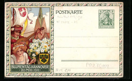 Lithographie Hannover, Blumentag 1911, Sänger Und Blumendame Vor Fahne, Ganzsache  - Autres & Non Classés