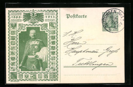 AK Kaiser Wilhelm II. In Galauniform Mit Paradebusch, 25. Jähr. Regierungsjubiläum 1888-1913, Ganzsache  - Familias Reales