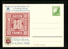 AK Ganzsache PP142C45 /01: München, 4. Reichsbundestag Der Philatelisten 1939, 45. Deutscher Philatelistentag, Wappen  - Sellos (representaciones)